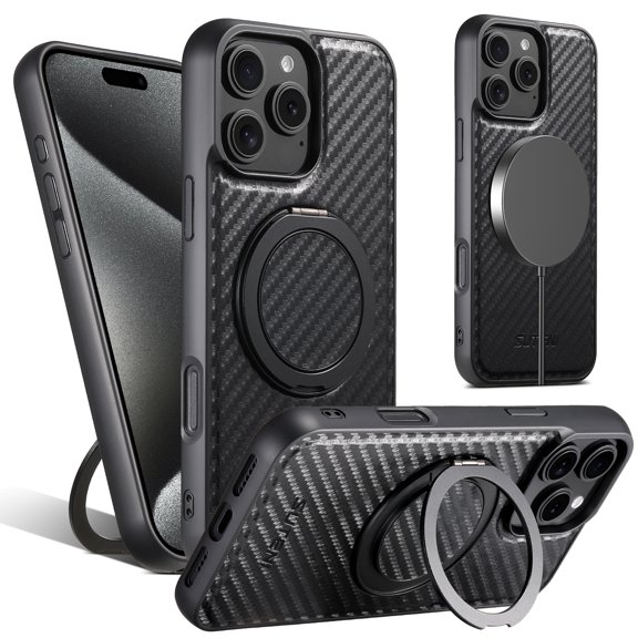 ELEHOLD For iPhone 13 Case,Compatible with Mag Safe Accessories, Luxury PU Leather 360°Rotatable Magnetic Ring Kickstand Slim Light Shock-Absorbent Phone Case for iPhone 13,Black'Carbon Fiber)(