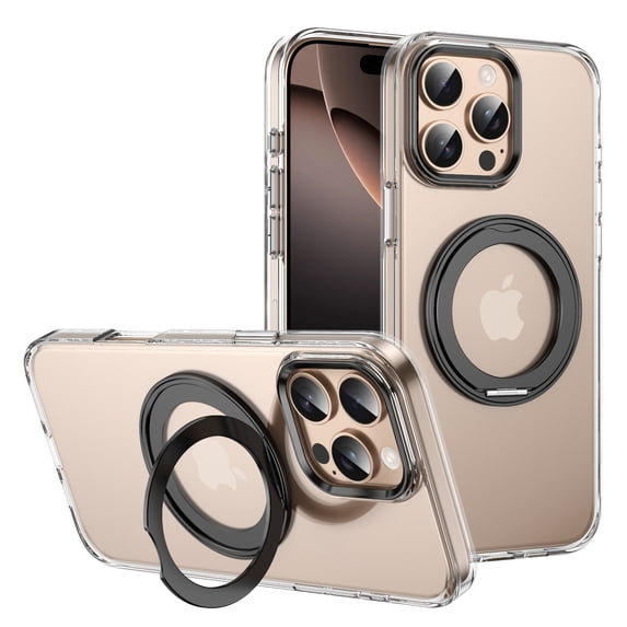 ELEHOLD For iPhone 13 Case, Ice-Feeling Clear Magnetic Shockproof Case, Mag Safe Compatible, with 360° Rotable Ring Stand, Lens&Screen Protection, Non-Yellowing, Black
