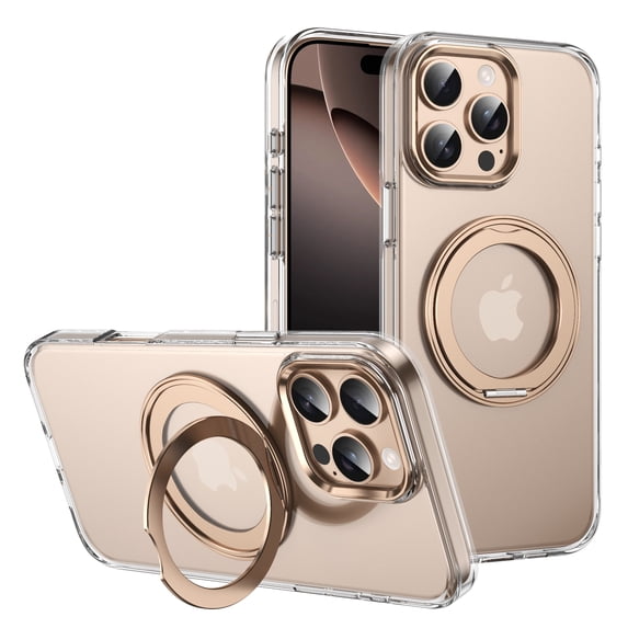 ELEHOLD For iPhone 13 Case, Ice-Feeling Clear Magnetic Shockproof Case, Mag Safe Compatible, with 360° Rotable Ring Stand, Lens&Screen Protection, Non-Yellowing, Desertgold