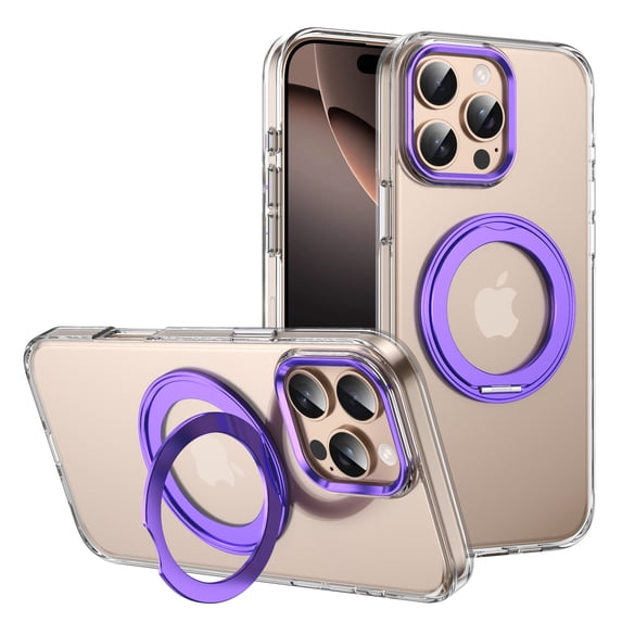 ELEHOLD For iPhone 13 Case, Ice-Feeling Clear Magnetic Shockproof Case, Mag Safe Compatible, with 360° Rotable Ring Stand, Lens&Screen Protection, Non-Yellowing, Purple