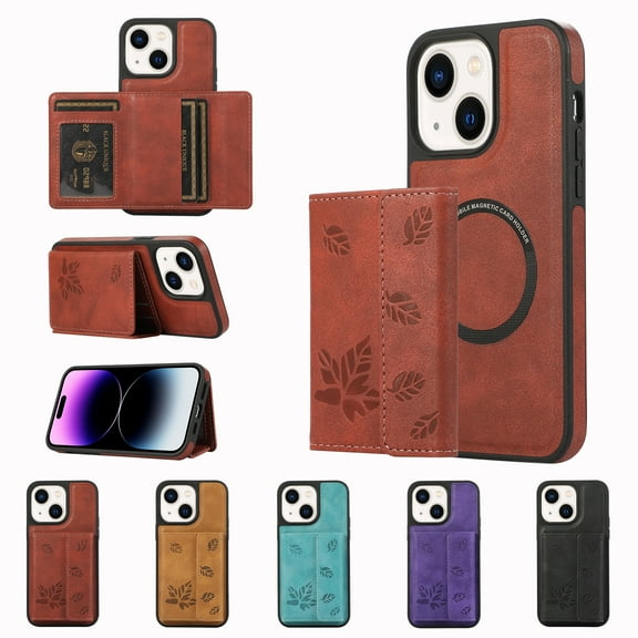 ELEHOLD for iPhone 13 Case PU Leather 2-in-1 Multi-Functional with Magnetic Detachable Card Holder Leaf Pattern Drop Protection Shockproof Wallet Case Compatible with Mag Safe,winered