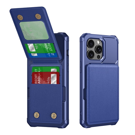 ELEHOLD for iPhone 13 Case, PU Leather Magnetic Button Closure Credit Card Holder Slots Stand Function Wallet Shock-Absorbent Shockproof Phone Case for iPhone 13 ,Darkblue