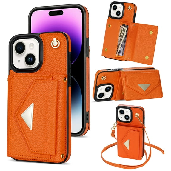 ELEHOLD for iPhone 13 Case Premium Leather Wallet with Back Organ Card Holders Kickstand Function Crossbody Shoulder Strap Luxury Shockproof Women Purse Cover ,orange