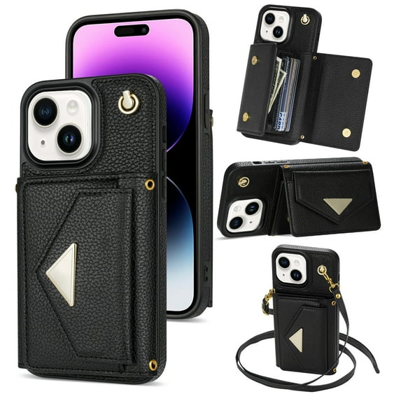 ELEHOLD for iPhone 13 Case Premium Leather Wallet with Back Organ Card Holders Kickstand Function Crossbody Shoulder Strap Luxury Shockproof Women Purse Cover ,black