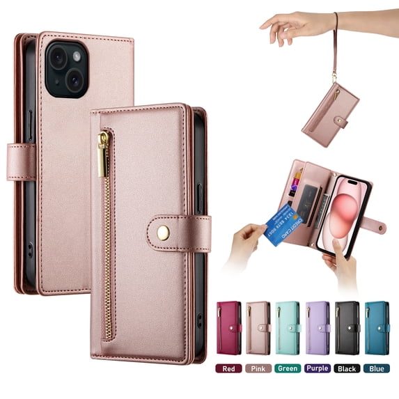 ELEHOLD for iPhone 13 Flip Case, Wallet Zipper Magnetic Buckle Kickstand Wrist Strap Multifunctional Card Slots Wallet Business Case with Crossbody and Wrist Strap,Pink