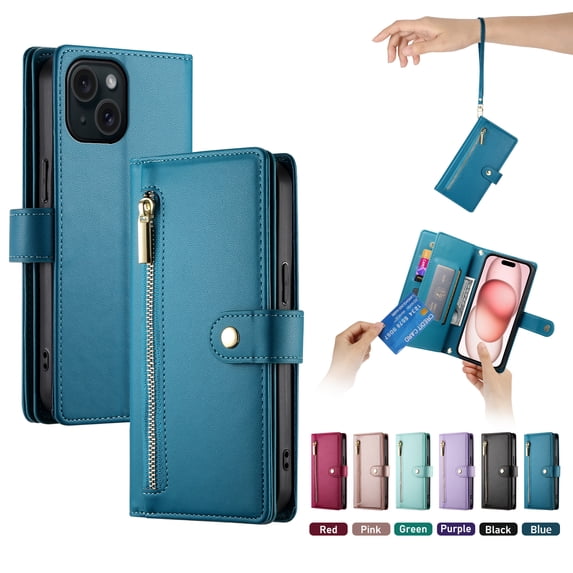 ELEHOLD for iPhone 13 Flip Case, Wallet Zipper Magnetic Buckle Kickstand Wrist Strap Multifunctional Card Slots Wallet Business Case with Crossbody and Wrist Strap,Blue