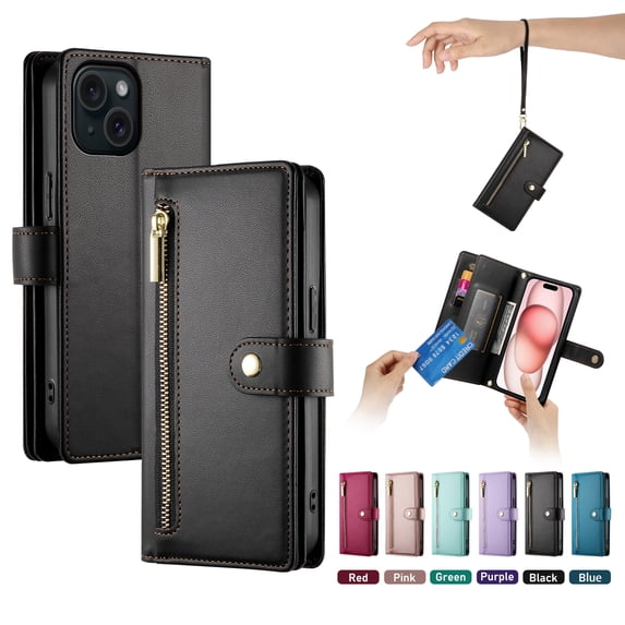 ELEHOLD for iPhone 13 Flip Case, Wallet Zipper Magnetic Buckle Kickstand Wrist Strap Multifunctional Card Slots Wallet Business Case with Crossbody and Wrist Strap,Black