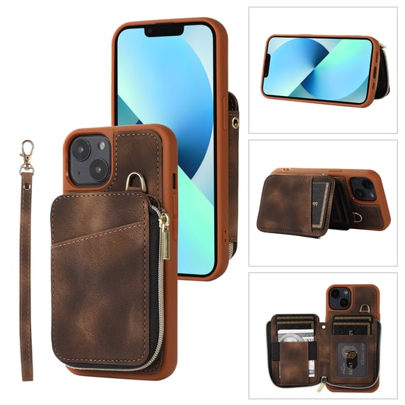 ELEHOLD for iPhone 13,Luxury Zipper Wallet Case with Card Slots Zipper Pocket Kickstand Function Wriststrap Crossbody Shoulder Strap Shockproof Purse Case,brown