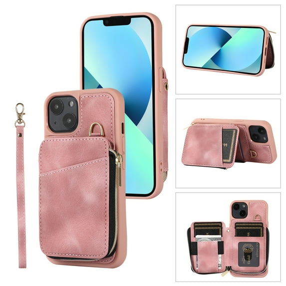 ELEHOLD for iPhone 13,Luxury Zipper Wallet Case with Card Slots Zipper Pocket Kickstand Function Wriststrap Crossbody Shoulder Strap Shockproof Purse Case,pink
