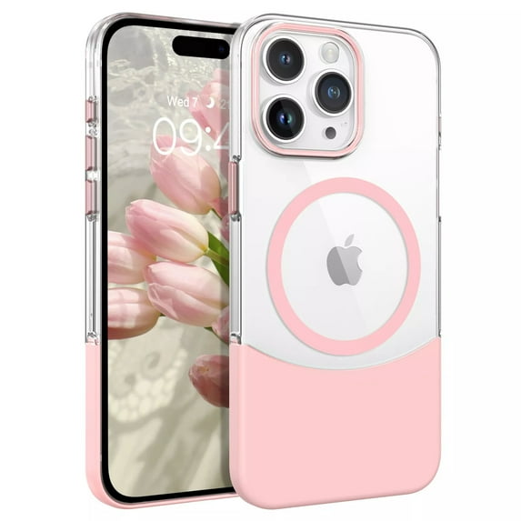 ELEHOLD for iPhone 13 Magnetic Case,Compatible with Mag Safe Accessories, Not-Yellowing Hard Transparent Back Slim Shockproof Protective Case for iPhone 13,Pink