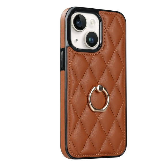 ELEHOLD for iPhone 13 Mini 5.4 inch 2021 Case, Luxury Rhomboid Quilted PU Leather Soft TPU Bumper 360 Degee Rotatable Metal Finger Ring Holder Kickstand Shockproof Case for iPhone 13 Mini, Brown