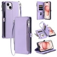 thumbnail image 1 of ELEHOLD for iPhone 13 Mini Case,  Full Body Protection Crossbody Flip Zipper Credit Card Slot Wallet Case Kickstand Shockproof Leather Case with Shoulder Strap and Wrist Strap, Purple, 1 of 11