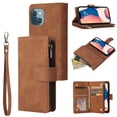 thumbnail image 1 of ELEHOLD for iPhone 13 Mini Case, PU Leather Case Magnetic Closure Handbag Zipper Pocket Kickstand Card Slots Flip Shockproof Wallet Case with Strap,Brown, 1 of 9