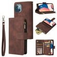 thumbnail image 1 of ELEHOLD for iPhone 13 Mini Case, PU Leather Case Magnetic Closure Handbag Zipper Pocket Kickstand Card Slots Flip Shockproof Wallet Case with Strap,Coffee, 1 of 9