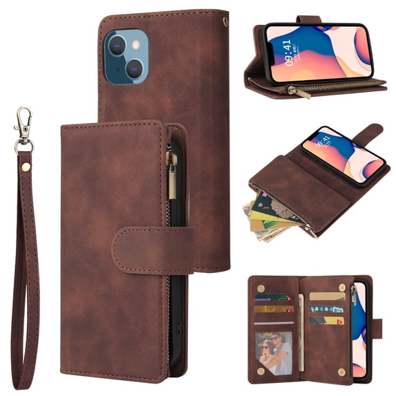 ELEHOLD for iPhone 13 Mini Case, PU Leather Case Magnetic Closure Handbag Zipper Pocket Kickstand Card Slots Flip Shockproof Wallet Case with Strap,Coffee