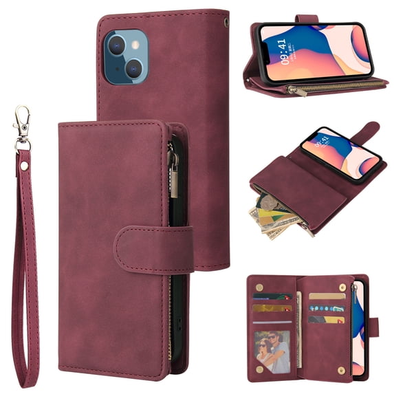 ELEHOLD for iPhone 13 Mini Case, PU Leather Case Magnetic Closure Handbag Zipper Pocket Kickstand Card Slots Flip Shockproof Wallet Case with Strap,Winered