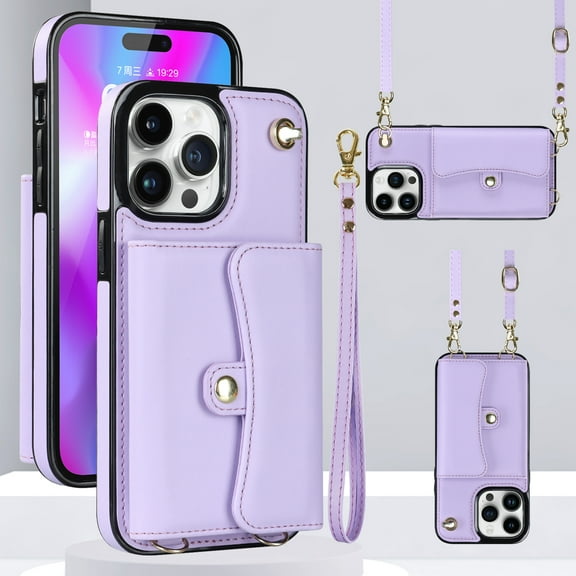 ELEHOLD for iPhone 13 Mini Multi-Functional Wallet Case Organ Card Slots RFID Blocking Stand Function Wrist Strap Crossbody Shoulder Strap Shockproof Purse Case,purple