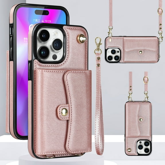 ELEHOLD for iPhone 13 Mini Multi-Functional Wallet Case Organ Card Slots RFID Blocking Stand Function Wrist Strap Crossbody Shoulder Strap Shockproof Purse Case,rosegold