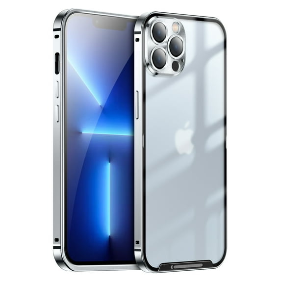 ELEHOLD for iPhone 13 Pro 6.1 Inch Case with Buckle Safety Lock, Slim Metal Bumper Frame Matte Clear PC Back Glass Lens Film All-Inclusive Camera Lens Full Protection Case for iPhone 13 Pro,Silver