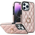 thumbnail image 1 of ELEHOLD for iPhone 13 Pro 6.1 inch 2021 Case, Luxury Rhomboid Quilted PU Leather Soft TPU Bumper 360 Degee Rotatable Metal Finger Ring Holder Kickstand Shockproof Case for iPhone 13 Pro, Rosegold, 1 of 8
