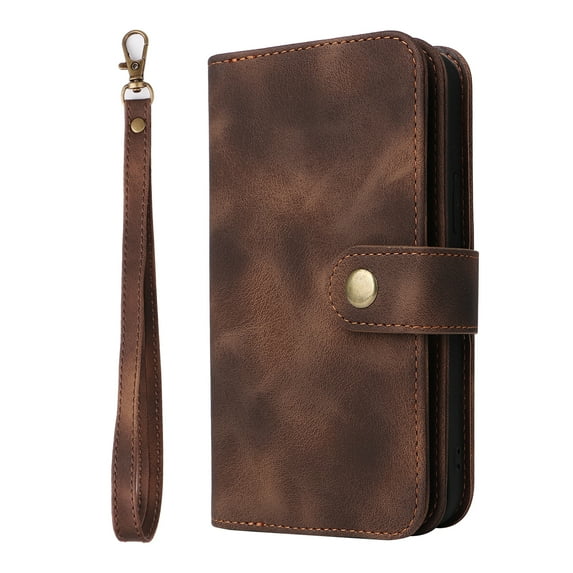 ELEHOLD for iPhone 13 Pro 6.1 inch Flip Leather Wallet Case with Card Holders Kickstand Magnetic Clasp Lanyard Shoulder Strap Shockproof Protective Case,Brown