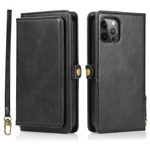 ELEHOLD for iPhone 13 Pro 6.1 inch Luxury Multi-Functional Wallet Case with Card Slots Dual-Use Detachable Phone Case Magnetic Function Lanyard Shockproof Wallet Case,Black