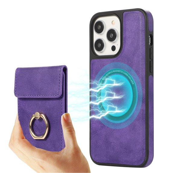 ELEHOLD for iPhone 13 Pro Case Synthetic Leather 2-in-1 Phone Case with Magnetic Detachable Card Holder Ring Holder Stand Drop Protection Shockproof Wallet Case,purple