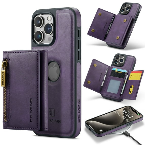 ELEHOLD for iPhone 13 Pro Detachable Wallet Case Premium PU Leather 2-in-1 Magnetic Removable Zipper Card Holders RFID Blocking Logo Hollow View Shockproof Protection Kickstand Case,purple