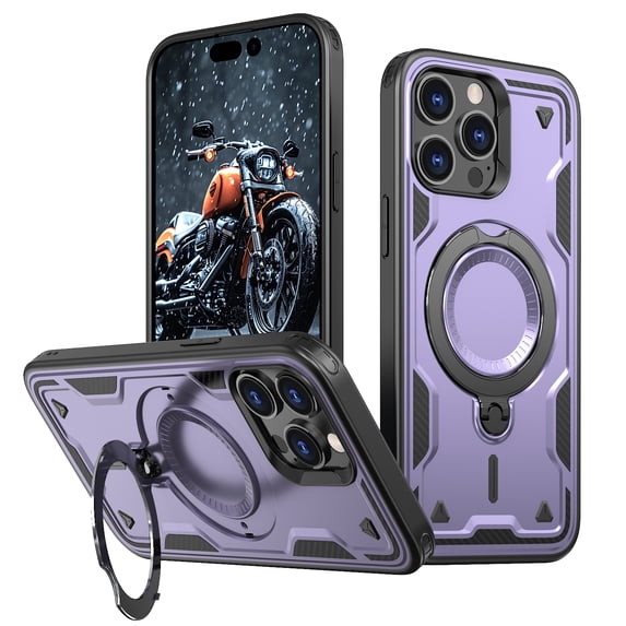 ELEHOLD For iPhone 13 Pro Ergonomic Design Military Grade Shockproof Protective Case Magnetic Ring Stand Rugged Cover, Non-Slip, Support Wireless Charging, Purple