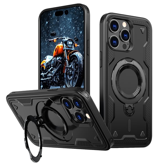 ELEHOLD For iPhone 13 Pro Ergonomic Design Military Grade Shockproof Protective Case Magnetic Ring Stand Rugged Cover, Non-Slip, Support Wireless Charging, Black