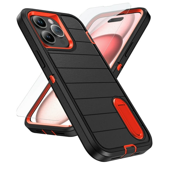 ELEHOLD for iPhone 13 Pro Hybrid Rugged Case with HD Screen Protector,Dual Layer Hard Protective Invisible Kickstand Non-Slip Drop-Proof Shockproof Anti-Scratches Heavy Duty Cover,Black+Orange