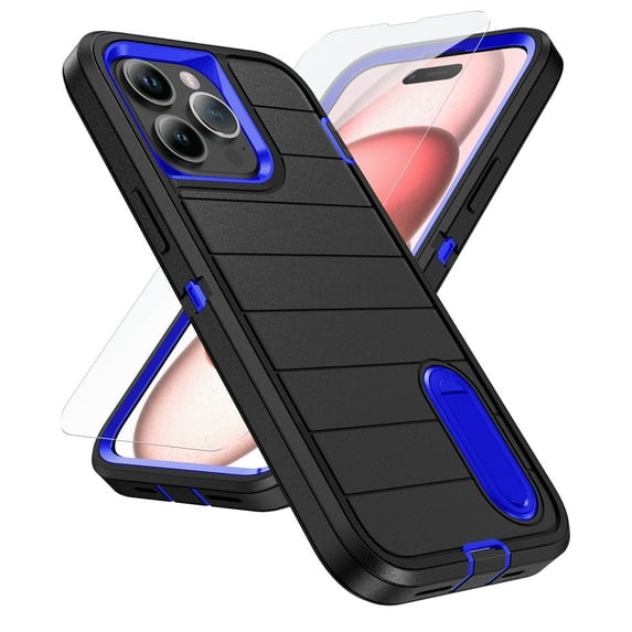 ELEHOLD for iPhone 13 Pro Hybrid Rugged Case with HD Screen Protector,Dual Layer Hard Protective Invisible Kickstand Non-Slip Drop-Proof Shockproof Anti-Scratches Heavy Duty Cover,Darkblue+Blue