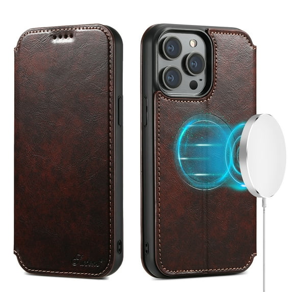 ELEHOLD for iPhone 13 Pro Max 6.7" Wallet Case Premium Leather with Card Slots Kickstand Function Magnetic Absorption Compatible with MagSafe Charging Shockproof Protective Case,Brown