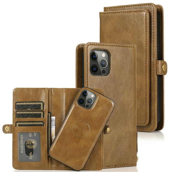 ELEHOLD for iPhone 13 Pro Max 6.7 inch Luxury Multi-Functional Wallet Case with Card Slots Dual-Use Detachable Phone Case Magnetic Function Lanyard Shockproof Wallet Case,Brown