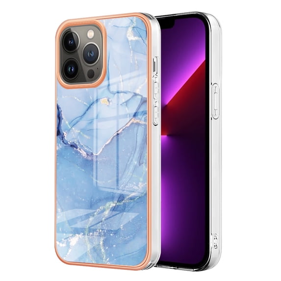 ELEHOLD for iPhone 13 Pro Max 6.7 inch Marble Case, Clear Electroplated Frame Soft TPU Anti-Scratch Wear-Resistant Wireless Charging Slim Fit Transparent Case for iPhone 13 Pro Max, Blue