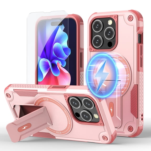 ELEHOLD for iPhone 13 Pro Max Armor Case,Hybrid Hard PC Silicone Magnetic Rugged Stand Cover Compatible with Mag Safe Accessories Heavy Duty Shockproof Protective with Screen Protector,Pink