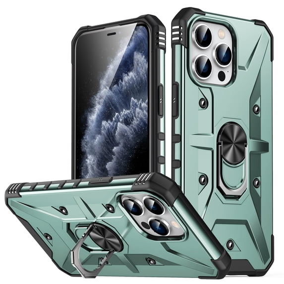 ELEHOLD for iPhone 13 Pro Max Armor Case, Military Grade Hard PC Magnetic Built-in Car Mount 360° Rotatable Metal Ring Holder Kickstand Shockproof Multi-Functional Rugged Case, Darkgreen