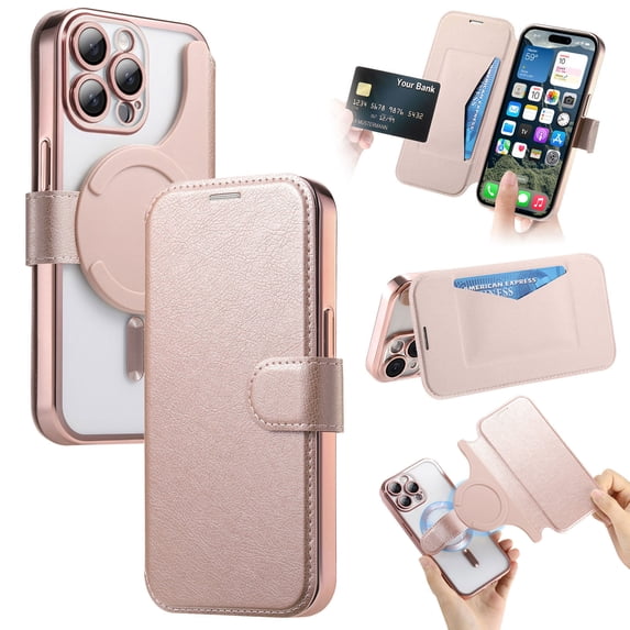 ELEHOLD for iPhone 13 Pro Max Case,Compatible with Mag Safe Accessories, Luxury Business 2 in 1 Detachable Flip Walle PU Leather Clear Soft TPU Back Folio Case + Lens Protector,Rosegold