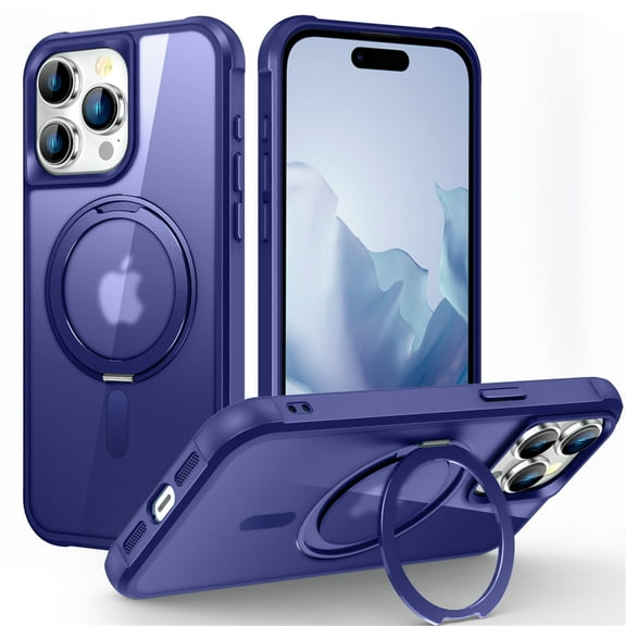 ELEHOLD for iPhone 13 Pro Max Case Matte Translucent Cover with 360° Rotatable Foldable Ring Holder Stand Strong Magnetic Compatible with MagSafe Shockproof Protection Case,darkblue