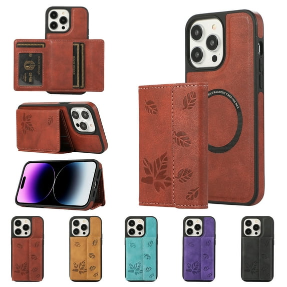 ELEHOLD for iPhone 13 Pro Max Case PU Leather 2-in-1 Multi-Functional with Magnetic Detachable Card Holder Leaf Pattern Drop Protection Shockproof Wallet Case Compatible with Mag Safe,winered