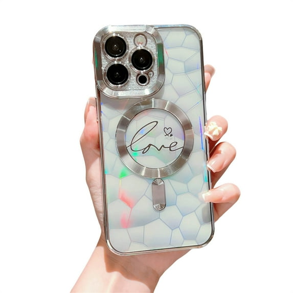 ELEHOLD for iPhone 13 Pro Max Case Plating Clear Case with Glitter Design Camera Lens Protetive Film Laser Paper Compatible with MagSafe Charging Shockproof Slim Case,silver