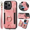 thumbnail image 1 of ELEHOLD for iPhone 13 Pro Max Case with Ring Holder, iPhone 13 Pro Max Wallet Case with RFID Blocking Card Holder Wristlet Strap, Magnetic Button Flip Folio Kickstand Shockproof Phone Cover,Pink, 1 of 10