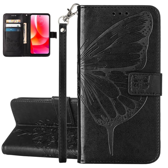 ELEHOLD for iPhone 13 Pro Max Case Wallet with Wrist Strap, Butterfly Embossed PU Leather Folio Flip Case with Magnetic Closure Credit Card Holder Kickstand,Black