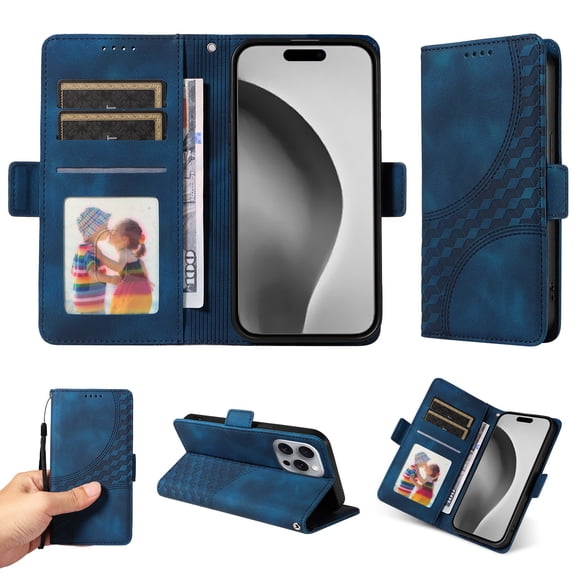 ELEHOLD For iPhone 13 Pro Max Leather Wallet Phone Case, Embossed Diamond Folio Flip Cover, Card Holder Cash Slot, Stand Support, Wrist Strap Lanyard -Blue
