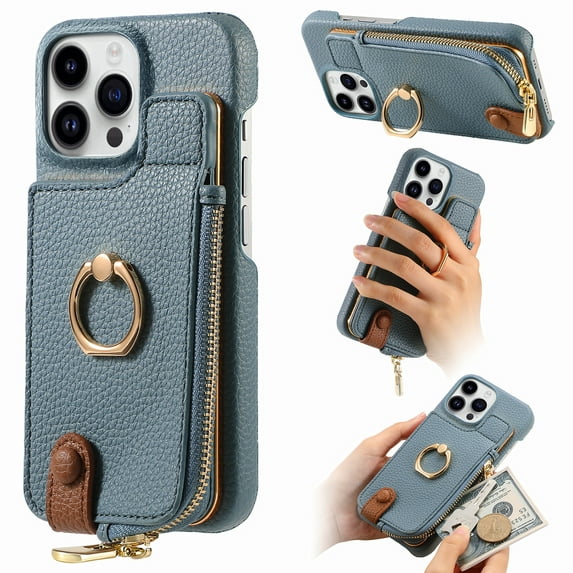 ELEHOLD for iPhone 13 Pro Max Luxury Leather Wallet Case with Back Flip Card Slots RFID Blocking Zipper Cash Pocket Stand Function Ring Holder Support Magnetic Car Mount Shockproof Case,blue