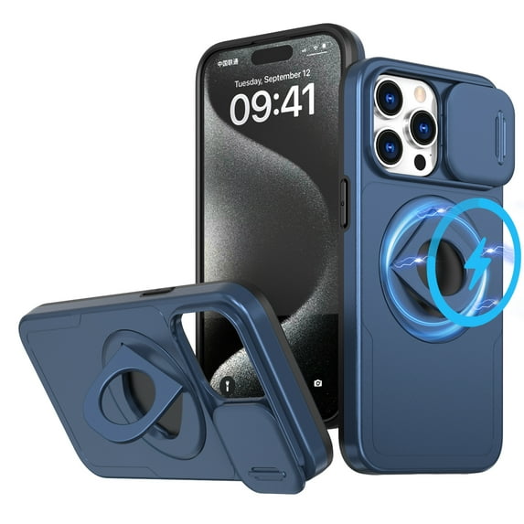 ELEHOLD for iPhone 13 Pro Max Magnetic Case,Rugged Hard PC Protective Case with Rotation Ring Holder Kickstand Sliding Camera Protector Compatible with Mag Safe for iPhone 13 Pro Max, Blue