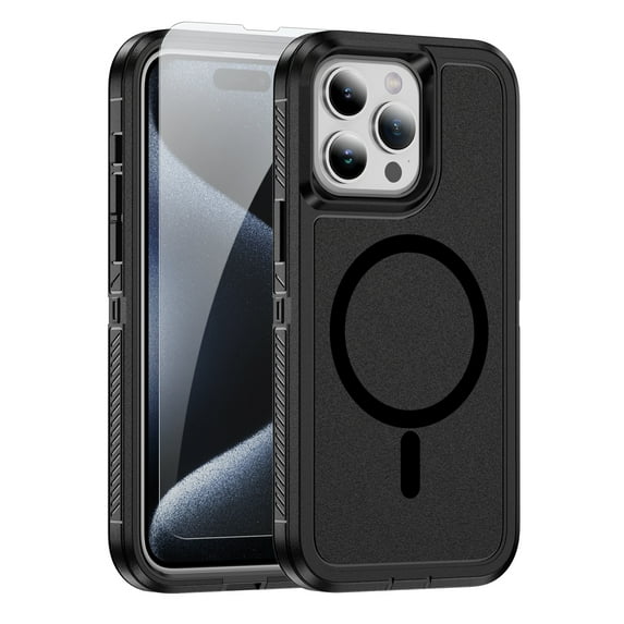 ELEHOLD for iPhone 13 Pro Max Magnetic Translucent Clear Case with HD Tempered Glass Screen Protector Hybrid PC + TPU Shockproof Bumper Compatible with Mag Safe Drop-Protection Cover,Black