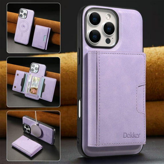 ELEHOLD For iPhone 13 Pro Max PU Leather Magnetic Shockproof Case, MagSafe Compatible, with Magnetic Detachable Credit Card Wallet, Kickstand Function, Purple