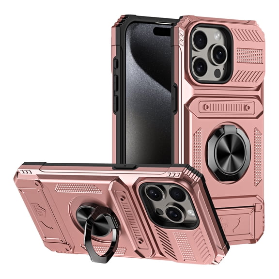 ELEHOLD for iPhone 13 Pro Max Rugged Hard Case with Metal Ring Holder Kickstand Work with Magnetic Car Mount Hidden Card Slot Pocket Shockproof Anti-Drop Armor Protective Cover,Rosegold