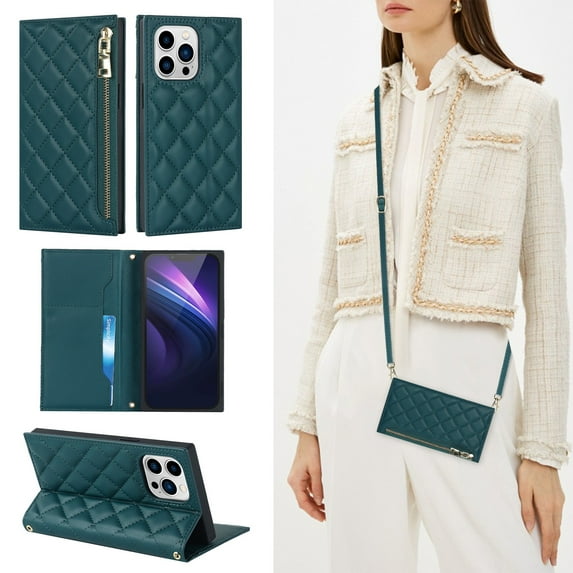 ELEHOLD for iPhone 13 Pro Max Wallet Case,Card Slot Zipper Purse Adjustable Crossbody Strap Stand Function Leather Wallet Case for iPhone 13 Pro Max 6.7 inch, Green